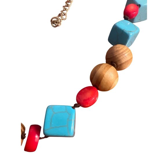 Statement Necklace Wood Turquoise Coral Beads Festival Tribal Boho Cosplay Adj - Picture 2 of 5